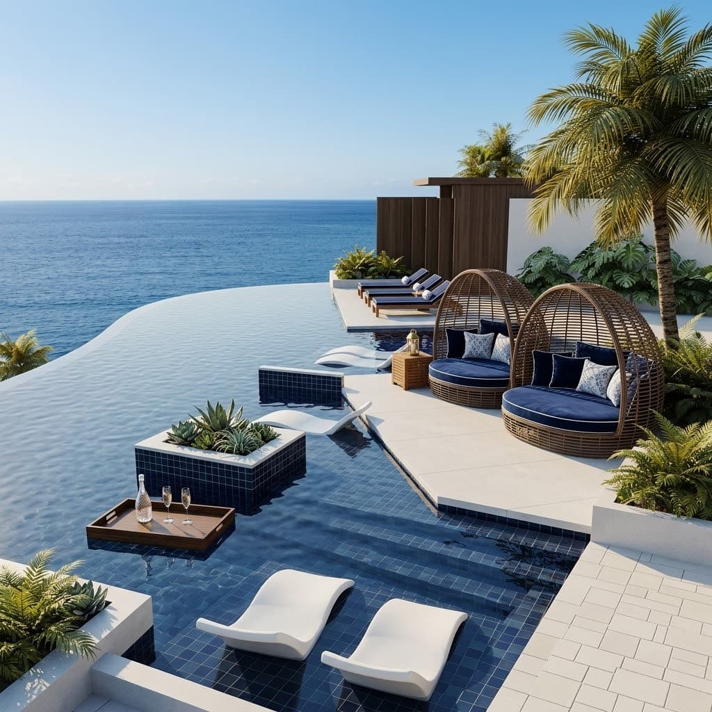 Hotel poolside daybeds and loungers with ocean view