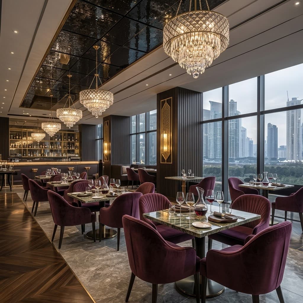Fine-dining hotel restaurant with custom seating and city view